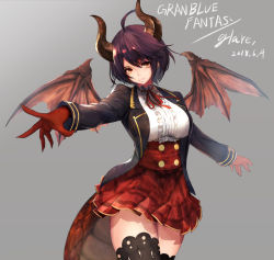 Rule 34 | 1girl, ahoge, asymmetrical arms, blouse, breasts, center frills, commentary request, copyright name, dated, dragon girl, dragon horns, dragon tail, dragon wings, frilled shirt, frills, gold trim, granblue fantasy, grea (shingeki no bahamut), head tilt, horns, jacket, kangaruu (momotk1109), large breasts, looking at viewer, open clothes, open jacket, outstretched hand, plaid, plaid skirt, purple hair, red eyes, red neckwear, red ribbon, ribbon, shingeki no bahamut, shirt, shirt tucked in, short hair, signature, skirt, solo, tail, white shirt, wings
