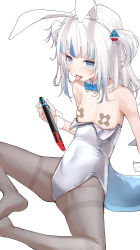 Rule 34 | 1girl, animal ears, arm support, bandaid, bandaids on nipples, blue bow, blue bowtie, blue eyes, blue hair, blunt bangs, blush, bow, bowtie, covered navel, crossed bandaids, detached collar, fake animal ears, fang, feet, fins, fish tail, gawr gura, handheld game console, highres, holding, holding handheld game console, hololive, hololive english, knees apart feet together, legs, leotard, leotard pull, long hair, looking at viewer, mitsuru (pixiv 34028718), multicolored hair, nintendo switch, no shoes, pantyhose, pasties, playboy bunny, rabbit ears, shark tail, simple background, sitting, solo, strapless, strapless leotard, streaked hair, tail, toes, tongue, tongue out, two side up, virtual youtuber, white background, white hair, white leotard, wrist cuffs