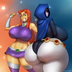 Rule 34 | 2girls, ass, blue hair, blush, boots, bracer, breasts, cape, colored sclera, colored skin, curvy, dc comics, female focus, green eyes, green sclera, grey skin, highres, hood, huge ass, huge breasts, leotard, long hair, looking at viewer, marauder6272, multiple girls, muscular, muscular female, orange hair, orange skin, raven (dc), short hair, starfire, teen titans, thick thighs, thigh boots, thighs, wide hips