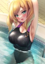 Rule 34 | 1girl, :d, absurdres, amane sora, armpits, arms up, black one-piece swimsuit, blonde hair, blush, breasts, commentary request, competition swimsuit, fang, green eyes, hair tie, highres, large breasts, long hair, looking at viewer, mole, mole on breast, mole under eye, one-piece swimsuit, open mouth, original, partially submerged, pool, sitting, skin fang, smile, solo, swimsuit, twintails, water, wet, wet clothes, wet swimsuit