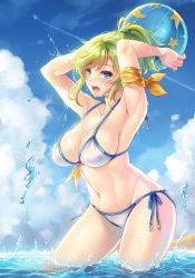 Rule 34 | 1girl, armband, armpits, arms up, ball, beachball, bikini, blue eyes, blue sky, blush, breasts, character request, cleavage, cloud, cloudy sky, collarbone, contrail, day, green hair, hair ornament, hair scrunchie, large breasts, looking at viewer, makirin, navel, open mouth, outdoors, ponytail, scrunchie, sennen sensou aigis, short hair, short ponytail, side-tie bikini bottom, sidelocks, sky, smile, solo, sparkle, string bikini, swept bangs, swimsuit, wading, water, wet, white bikini