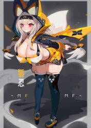 Rule 34 | 1girl, :3, animal hood, arm at side, black choker, black headband, blue thighhighs, braid, breasts, choker, cleavage, dolphin shorts, flip-flops, fox girl, fox tail, full body, grey background, hand on own thigh, headband, highres, hood, hooded jacket, jacket, large breasts, leaning forward, light brown hair, long hair, looking at viewer, mamuru, open clothes, open jacket, original, pigeon-toed, platform footwear, red eyes, sandals, shorts, sidelocks, smile, smoke, solo, standing, tail, thighhighs, thighs, twin braids, very long hair, yellow shorts