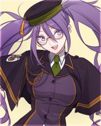 Rule 34 | 1girl, atlas academy school uniform, bad id, bad twitter id, blush, breasts, capelet, fate/grand order, fate (series), glasses, green necktie, hair between eyes, hat, large breasts, long hair, looking at viewer, necktie, open mouth, purple eyes, purple hair, school uniform, simple background, sion eltnam atlasia, smile, solo, tusia, twintails