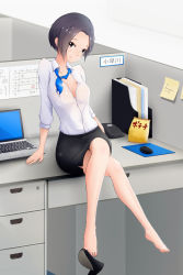 Rule 34 | 1girl, absurdres, bad id, bad pixiv id, barefoot, computer, crossed legs, desk, feet, highres, indoors, j.c.14, laptop, licking lips, looking at viewer, mousepad (object), office lady, on desk, open clothes, open shirt, shirt, shoe dangle, shoes, unworn shoes, short hair, single shoe, sitting, toes, tongue, tongue out