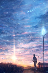 Rule 34 | 1girl, braid, braided ponytail, city, cloud, cloudy sky, fantasy, from behind, grass, highres, hill, horizon, lamppost, lens flare, light particles, long hair, original, path, road, running, sakimori (hououbds), scenery, shooting star, single braid, sky, solo, sun, sunlight, sunset