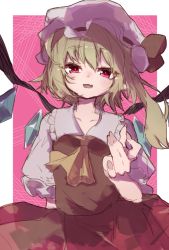 Rule 34 | 1girl, ascot, blonde hair, collarbone, collared shirt, cowboy shot, fang, flandre scarlet, frilled shirt collar, frilled sleeves, frills, hair between eyes, hat, hat ribbon, head tilt, jamir, limited palette, long hair, looking at viewer, mob cap, multicolored wings, open mouth, pink background, puffy short sleeves, puffy sleeves, red eyes, red ribbon, red skirt, red vest, ribbon, shirt, short sleeves, side ponytail, skin fang, skirt, solo, touhou, vest, white hat, white shirt, wings, yellow ascot