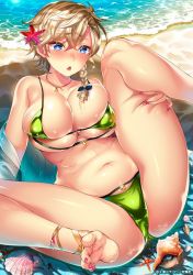 Rule 34 | 1girl, anklet, barefoot, beach, bikini, blonde hair, blue eyes, blush, braid, breasts, brown hair, cleavage, feet, female focus, jewelry, kuon michiyoshi, large breasts, lying, nail polish, navel, necklace, on back, open mouth, outdoors, pendant, plump, shell, shiny skin, short hair, skindentation, solo, starfish, swimsuit, thick thighs, thighs, toe scrunch, toenail polish, toenails, toes, water