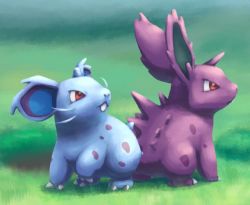 Rule 34 | claws, commentary request, creatures (company), day, fang, game freak, gen 1 pokemon, grass, looking to the side, mijinko (barabadge), nidoran, nidoran (female), nidoran (male), nintendo, no humans, outdoors, pokemon, pokemon (creature), red eyes