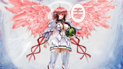 Rule 34 | 1girl, ahoge, android, angel, armor, artist name, between breasts, black collar, breasts, chain, collar, english text, food, fruit, hair between eyes, halo, highres, ikaros, large breasts, narrow waist, navel, pink wings, red eyes, red hair, redrawn, robot ears, simple background, skirt, solo, sora no otoshimono, speech bubble, standing, the golden smurf, thighhighs, watermelon, white skirt, white thighhighs, wings