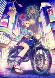 Rule 34 | 1girl, akagi shun, bad id, bad pixiv id, blonde hair, blue eyes, blue kimono, blue nails, building, commentary, driving, english commentary, fireworks, japanese clothes, kimono, long sleeves, looking at viewer, motor vehicle, motorcycle, multicolored nails, nail polish, night, night sky, original, outdoors, parted lips, ponytail, sandals, signature, sitting, sky, skyscraper, solo, star (sky), starry sky, toenail polish, toenails
