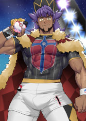 Rule 34 | 1boy, argyle, baseball cap, biceps, bulge, cape, champion uniform, clenched hand, closed mouth, commentary, covered abs, creatures (company), dark-skinned male, dark skin, dynamax band, facial hair, fur-trimmed cape, fur trim, game freak, gloves, hand up, hat, highres, holding, holding poke ball, large pectorals, leggings, leon (pokemon), long hair, male focus, muscular, muscular male, nintendo, partially fingerless gloves, pectorals, poke ball, pokemon, pokemon swsh, premier ball, purple hair, red cape, shield print, shirt, short shorts, short sleeves, shorts, single glove, sky, smile, solo, star (sky), suyohara, sword print, white leggings, white shorts, wristband, yellow eyes