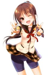 Rule 34 | 10s, 1girl, ;d, absurdres, bike shorts, brown eyes, brown hair, double v, food, highres, jinsei, long hair, nanase meruchi, official art, one eye closed, open mouth, outstretched arms, plaid, plaid skirt, ponytail, scan, school uniform, serafuku, skirt, smile, solo, suzuki ikumi (jinsei), v, white background, wind, wind lift
