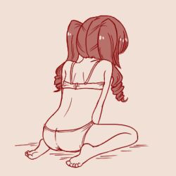 Rule 34 | 1girl, ass, bra, butt crack, from behind, hanazono yurine, jashin-chan dropkick, lowres, monochrome, panties, shoulder blades, simple background, sketch, solo, twintails, underwear