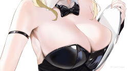 Rule 34 | 1girl, arm strap, artist name, bad id, bad twitter id, black bow, black bowtie, black leotard, blonde hair, bow, bowtie, breast focus, breasts, cleavage, close-up, detached collar, genshin impact, highres, holding, holding tray, large breasts, leotard, lumine (genshin impact), simple background, solo, towrituka, tray, unfinished, watermark, white background, wing collar