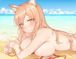 Rule 34 | 1girl, animal ear fluff, animal ears, bad id, bad twitter id, beach, bikini, blue sky, blurry, breast rest, breasts, day, depth of field, fate/extra, fate/extra ccc, fate/extra ccc fox tail, fate (series), fox ears, hakuishi aoi, horizon, large breasts, light brown hair, lips, long hair, looking at viewer, lying, ocean, on stomach, outdoors, sideboob, sky, smile, solo, suzuka gozen (fate), swimsuit, untied bikini, v, wet, wet hair, yellow eyes