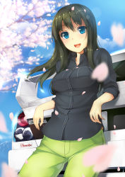 Rule 34 | 1girl, :d, black hair, blue eyes, blurry, breasts, car, cherry blossoms, denim, depth of field, jeans, leaning, lens flare, long hair, mitsubishi, mitsubishi lancer evolution, motor vehicle, open mouth, original, pants, petals, shirt, sleeves rolled up, smile, solo, taut clothes, taut shirt, tree, unasaka ryou, vehicle