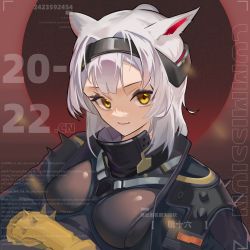 Rule 34 | 1girl, absurdres, animal ears, arknights, black jacket, breasts, closed mouth, english text, framed breasts, gloves, headgear, highres, jacket, long hair, looking at viewer, medium breasts, mole, mole under eye, official alternate costume, open clothes, open jacket, qingshiliu, scavenger (arknights), scavenger (survive) (arknights), shoulder spikes, silver hair, smile, solo, spiked gloves, spikes, upper body, yellow eyes, yellow gloves