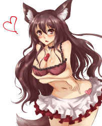 Rule 34 | 1girl, absurdres, amagi (amagi626), animal ears, bare shoulders, between breasts, blush, box, bra, breast hold, breasts, brown eyes, brown hair, cleavage, collar, cowboy shot, fang, heart, heart-shaped box, highres, imaizumi kagerou, large breasts, long hair, midriff, miniskirt, navel, open mouth, simple background, sketch, skirt, solo, tail, touhou, underwear, valentine, white background, wolf ears, wolf tail