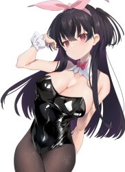 Rule 34 | 1girl, black hair, black leotard, black pantyhose, blunt ends, blush, bow, bowtie, breasts, cleavage, collarbone, detached collar, groin, hairband, highres, hiiragi ken, idolmaster, idolmaster shiny colors, large breasts, leotard, looking at viewer, mayuzumi fuyuko, pantyhose, pink hairband, playboy bunny, red bow, red bowtie, simple background, solo, white background, wrist cuffs
