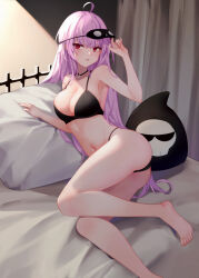 Rule 34 | 1girl, ahoge, ass, barefoot, bed, black choker, breasts, choker, cleavage, curtains, death-sensei (mori calliope), foot out of frame, hand up, highres, hololive, hololive english, large breasts, long hair, lying, mask, mask lift, mask on head, mori calliope, navel, on bed, on side, parted lips, pillow, pink hair, red eyes, ru yan, sleep mask, solo, stomach, stuffed toy, thighs, underwear, underwear only, very long hair, virtual youtuber, wavy hair