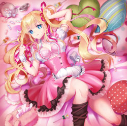 Rule 34 | 1girl, apron, bed sheet, black thighhighs, blonde hair, blue eyes, blurry, blurry background, bow, bow bra, bra, breasts, candy, candy wrapper, center frills, closed mouth, commentary request, depth of field, dress shirt, food, frilled apron, frills, hair between eyes, hair ribbon, heart, heart-shaped pillow, highres, jar, kumehara chiyota, lollipop, long hair, lying, maid, medium breasts, on back, open clothes, open shirt, original, pillow, pink bra, pink ribbon, pink skirt, pleated skirt, polka dot, puffy short sleeves, puffy sleeves, ribbon, shirt, short sleeves, skirt, solo, thighhighs, thighhighs pull, tissue box, twintails, underbust, underwear, very long hair, waist apron, white apron, white shirt