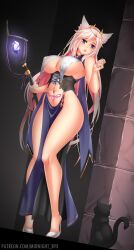 Rule 34 | 1girl, animal ears, black corset, breast curtain, breast curtains, breasts, cat, cat ears, corset, dress, full body, high heels, highres, holding, holding staff, large breasts, long hair, mage staff, midnight (banyex), open mouth, original, pelvic curtain, pink hair, pubic tattoo, purple eyes, solo, staff, tattoo
