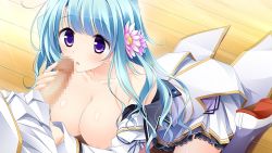 Rule 34 | 1girl, blue hair, blush, breasts, caressing testicles, censored, collarbone, flower, game cg, hair ornament, imminent fellatio, jogasaki kanade, kimishima ao, kneeling, large breasts, legs, long hair, looking up, mitsuki tsumi, no bra, open clothes, open mouth, otome ga kanaderu koi no aria, penis, purple eyes, shoes, sitting, skirt, testicles, thighs, wooden floor, zinno