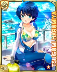 Rule 34 | 1girl, bikini top only, blue hair, breasts, card (medium), character name, cloud, day, dolphin, english text, female focus, girlfriend (kari), harumiya tsugumi, crossed legs, looking at viewer, ocean, official art, open mouth, outdoors, qp:flapper, red eyes, scuba diver, scuba gear, scuba suit, short hair, sitting, smile, solo, splashing, sunlight, unzipped, watch, wet