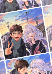 Rule 34 | 1boy, 1girl, absurdres, black hair, black serafuku, blue eyes, blush, brown eyes, cloud, coat, commentary request, couple, glasses, grey hair, hand on own chin, hetero, highres, long hair, looking at another, looking at viewer, multiple views, neckerchief, open mouth, original, outdoors, pink neckerchief, school uniform, serafuku, sky, smile, snow, twilight, v, winter, winter clothes, yamagata atsuka