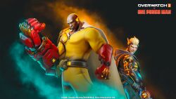 Rule 34 | 2boys, bald, blonde hair, blue hoodie, clenched hand, closed mouth, copyright name, cyborg, dark skin, doomfist (overwatch), formal, gauntlets, genji (overwatch), genos, highres, holding, holding sword, holding weapon, hood, hoodie, logo, looking ahead, looking back, male focus, multiple boys, official art, official wallpaper, one-punch man, overwatch, overwatch 2, saitama (one-punch man), saitama doomfist, single gauntlet, smoke, standing, suit, sword, upper body, weapon, yellow suit