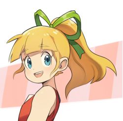Rule 34 | 1girl, :d, bare shoulders, blonde hair, blue eyes, blunt bangs, breasts, commentary, dress, from side, green ribbon, hair ribbon, long hair, looking at viewer, mega man (classic), mega man (series), multicolored background, numbers (pigpenandpaper), open mouth, ponytail, red dress, ribbon, roll (mega man), sidelocks, sleeveless, sleeveless dress, small breasts, smile, solo, striped, teeth, turning head, upper body, vertical stripes