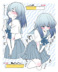 Rule 34 | 1girl, arrow (symbol), between legs, blue background, blue theme, blush, border, bow, bowtie, clenched teeth, closed eyes, closed mouth, cowboy shot, cropped legs, embarrassed, english text, female focus, hair over one eye, half-closed eyes, hand between legs, have to pee, highres, japanese text, knees together feet apart, laaapie, long hair, miniskirt, mixed-language text, monochrome, multiple views, one eye covered, original, outline, outside border, own hands together, pleated skirt, sailor collar, school uniform, serafuku, shirt, short sleeves, sidelocks, skirt, split mouth, standing, sweat, tears, teeth, translation request, trembling, urine meter, v arms, white border, white outline