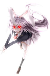 Rule 34 | 1girl, animal ears, black socks, blazer, female focus, finger gun, full body, glowing, glowing eyes, highres, jacket, kazetto, long hair, necktie, outstretched arms, pointing, purple hair, rabbit ears, red eyes, reisen udongein inaba, running, socks, solo, touhou, very long hair, white background