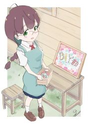 Rule 34 | 1girl, apron, blue skirt, bluearcadegames, blush, border, braid, braided ponytail, brown footwear, brown hair, collared shirt, colored inner hair, do it yourself!!, from above, glasses, grass, green apron, green eyes, green hair, highres, hikage takumi, loafers, looking at viewer, multicolored hair, neck ribbon, outside border, picture frame, pleated skirt, red ribbon, ribbon, school uniform, shirt, shoes, short sleeves, skirt, smile, socks, solo, standing, stool, table, two-tone hair, white border, white shirt, white socks, window, wooden box, wooden stool, wooden wall
