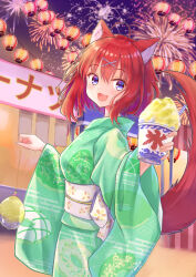 Rule 34 | 1girl, :3, :d, absurdres, ahoge, alternate costume, amairo islenauts, animal ears, blue eyes, blurry, blush, commentary, cowboy shot, cup, depth of field, eyelashes, eyes visible through hair, fang, festival, fireworks, floral print, food, from side, green kimono, hair between eyes, hair ornament, hands up, happy, highres, holding, holding cup, holding toy, japanese clothes, kimono, lantern, long sleeves, looking at viewer, masaki gaillard, medium hair, night, open mouth, outdoors, paper lantern, reaching, reaching towards viewer, red hair, red tail, rgrey00, sash, shaved ice, smile, standing, tail, tail raised, toy, water yoyo, white sash, wide sleeves, wolf ears, wolf girl, wolf tail, x hair ornament, yukata