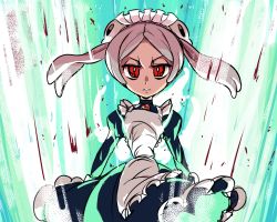 Rule 34 | 1girl, amulet, angry, apron, bloody marie (skullgirls), cowboy shot, female focus, frilled apron, frills, hair ornament, hat, higa norio, looking at viewer, maid, maid apron, maid headdress, red eyes, short hair, skull, skull-shaped pupils, skull hair ornament, skullgirls, solo, symbol-shaped pupils, twintails, white hair