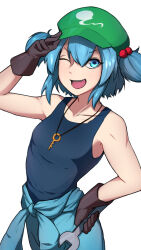 Rule 34 | 1girl, armpits, blue hair, collarbone, flat cap, gloves, green hat, hair bobbles, hair ornament, hat, kawashiro nitori, key, simple background, smile, solo, spottylen, tank top, touhou, two side up, white background