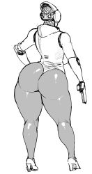 Rule 34 | 1girl, ass, bad id, bad pixiv id, breasts, contrapposto, cyborg, dark-skinned female, dark skin, from behind, greyscale, gun, handgun, haydee (game), haydee (haydee), high heels, highres, huge ass, humanoid robot, kneepits, large breasts, leotard, monochrome, pantyhose, pistol, plump, robot, simple background, solo, synecdoche, thick thighs, thighs, thong leotard, weapon, white background, wide hips