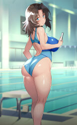 Rule 34 | 1girl, :o, aqua eyes, ass, back, bare arms, bare legs, blue one-piece swimsuit, blush, breasts, brown hair, cellphone, commentary request, competition swimsuit, el (girls und panzer), girls und panzer, highres, holding, holding phone, indoors, kneepits, large breasts, looking at viewer, looking back, medium hair, nakamura yukitoshi, one-piece swimsuit, parted lips, phone, pool, poolside, smartphone, solo, standing, swimsuit, thighs