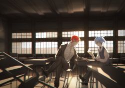 Rule 34 | 10s, 2boys, akabane karma, ansatsu kyoushitsu, backlighting, black footwear, black jacket, black necktie, black pants, blazer, blue eyes, blue hair, ceiling, chair, classroom, closed mouth, collared shirt, crossed legs, desk, dress shirt, from side, highres, holding, indoors, jacket, long sleeves, looking at another, male focus, multiple boys, necktie, pants, profile, red eyes, red hair, school, school desk, school uniform, shade, shadow, shiota nagisa, shirt, shoes, short twintails, sitting, sweater vest, twintails, uwro, white shirt, window