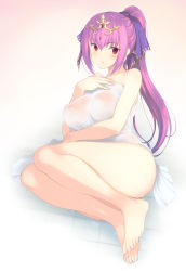 Rule 34 | 1girl, 3yuki, absurdres, bare shoulders, barefoot, blush, breasts, commentary request, covered erect nipples, fate/grand order, fate (series), feet, hair between eyes, highres, large breasts, long hair, looking at viewer, lying, naked towel, on side, purple hair, red eyes, scathach (fate), scathach skadi (fate), scathach skadi (third ascension) (fate), simple background, solo, tiara, tile floor, tiles, towel, translucent, wet, white towel