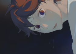 Rule 34 | 1boy, bn3ppo, brown hair, close-up, commentary, eyebrows, haikyuu!!, highres, jersey, looking at viewer, male focus, multicolored eyes, oikawa tooru (haikyuu!!), parted lips, short hair, solo, sweat