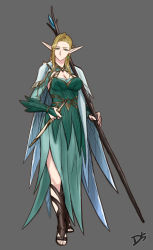 Rule 34 | 1girl, absurdres, blonde hair, boots, breasts, bridal gauntlets, commentary request, dagger, dinelind (drill (emilio)), dress, drill (emilio), earrings, elf, full body, gloves, green dress, green gloves, grey background, highres, jewelry, knee boots, knife, long hair, looking at viewer, medium breasts, original, pointy ears, simple background, single earring, solo, staff, toeless footwear, weapon