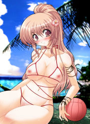 Rule 34 | 1girl, ball, beach, bikini, blush, breasts, brown hair, cloud, dead or alive, female focus, flower, hair flower, hair ornament, highres, hip focus, holding, holding ball, kasumi (doa), large breasts, long hair, micro bikini, nature, nippleless clothes, nipples, non-web source, outdoors, palm tree, pink eyes, ribbon, see-through, sitting, sky, smile, solo, swimsuit, tatibana, tecmo, tree, volleyball (object), water, wet, wide hips