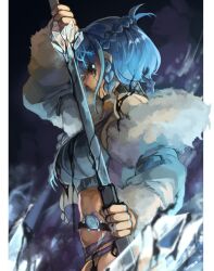 Rule 34 | 1girl, black sclera, blue eyes, blue hair, breasts, character request, colored sclera, female focus, highres, holding, holding sword, holding weapon, katana, large breasts, larribee, looking at viewer, short hair, solo, standing, sword, weapon