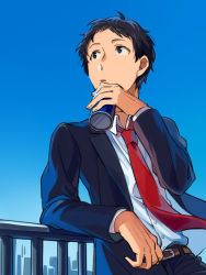 Rule 34 | 1boy, adachi tooru, against railing, asada hachi, belt, black hair, black jacket, black pants, black suit, blue sky, can, collared shirt, commentary request, day, dress shirt, drink can, formal, holding, holding can, jacket, looking up, loose necktie, male focus, necktie, pants, parted lips, persona, persona 4, railing, red necktie, shirt, short hair, sky, soda can, solo, standing, suit, upper body, white shirt