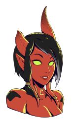 Rule 34 | 1girl, absurdres, bare shoulders, breasts, broken horn, brown hair, cleavage, colored sclera, cropped shoulders, d-rex, face, green sclera, grey background, highres, horns, looking at viewer, low ponytail, original, parted lips, pointy ears, red horns, red lips, short hair, side ponytail, simple background, smile, solo, teeth, tentacle hair