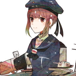 Rule 34 | 10s, 1girl, bad id, bad nicoseiga id, beret, brown eyes, brown hair, cannon, clothes writing, dress, gun, hat, itomugi-kun, kantai collection, personification, sailor collar, sailor dress, sailor hat, short hair, solo, torpedo, turret, weapon, z3 max schultz (kancolle)