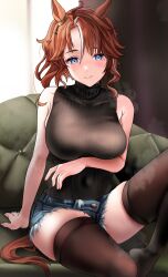 Rule 34 | 1girl, absurdres, animal ears, armpit crease, bare shoulders, black sweater, black thighhighs, blue eyes, blush, breasts, brown hair, closed mouth, commentary request, couch, denim, denim shorts, ear ornament, highres, horse ears, horse girl, horse tail, indoors, large breasts, looking at viewer, medium hair, mejiro palmer (umamusume), multicolored hair, on couch, po musubi, shorts, skindentation, sleeveless, sleeveless turtleneck, solo, streaked hair, sweater, tail, thighhighs, turtleneck, turtleneck sweater, umamusume, visible air, white hair