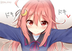 Rule 34 | 1girl, ahoge, black ribbon, black sailor collar, blue shirt, blush, closed mouth, commentary request, crescent, crescent hair ornament, hair between eyes, hair ornament, hair ribbon, heart, kantai collection, long hair, looking at viewer, neck ribbon, outstretched arms, purple ribbon, red eyes, red hair, ribbon, sailor collar, school uniform, serafuku, shirt, smile, solo, sou (soutennkouchi), spread arms, translation request, twitter username, upper body, uzuki (kancolle), very long hair